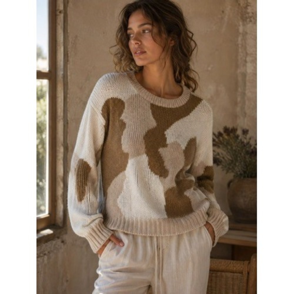 Wooden Ships Mohair Wool Blend Abstract Camo Knit Sweater M/L Cream Tan Brown